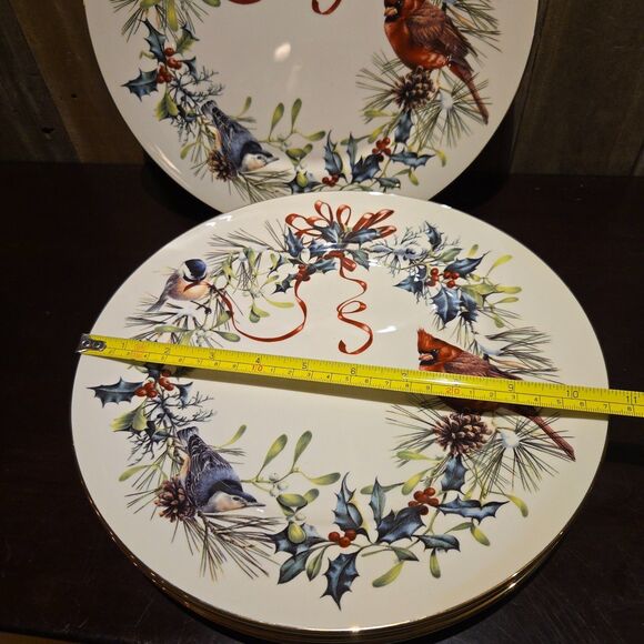 Set 5 Lenox Winter Greetings Cardinal + Ribbon 10.75" dinner Plates Gold Rim - Picture 8 of 11